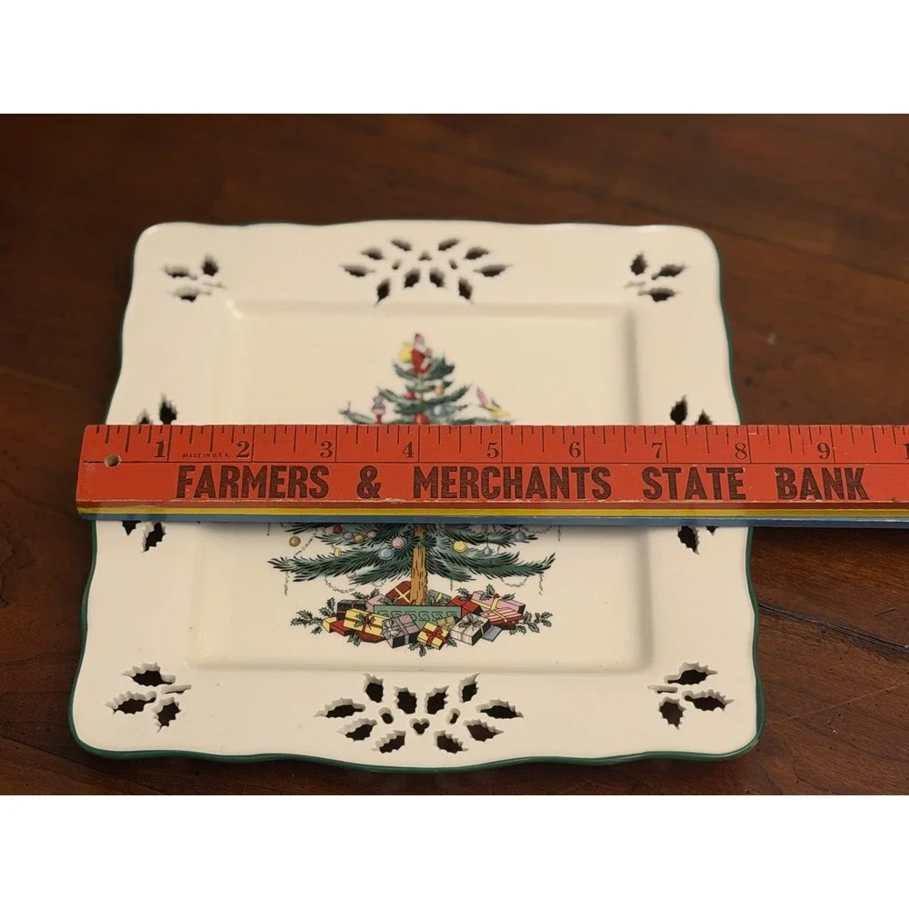 Vintage Spode Christmas Tree Pierced Square Serving Tray Plate Cutout Holly